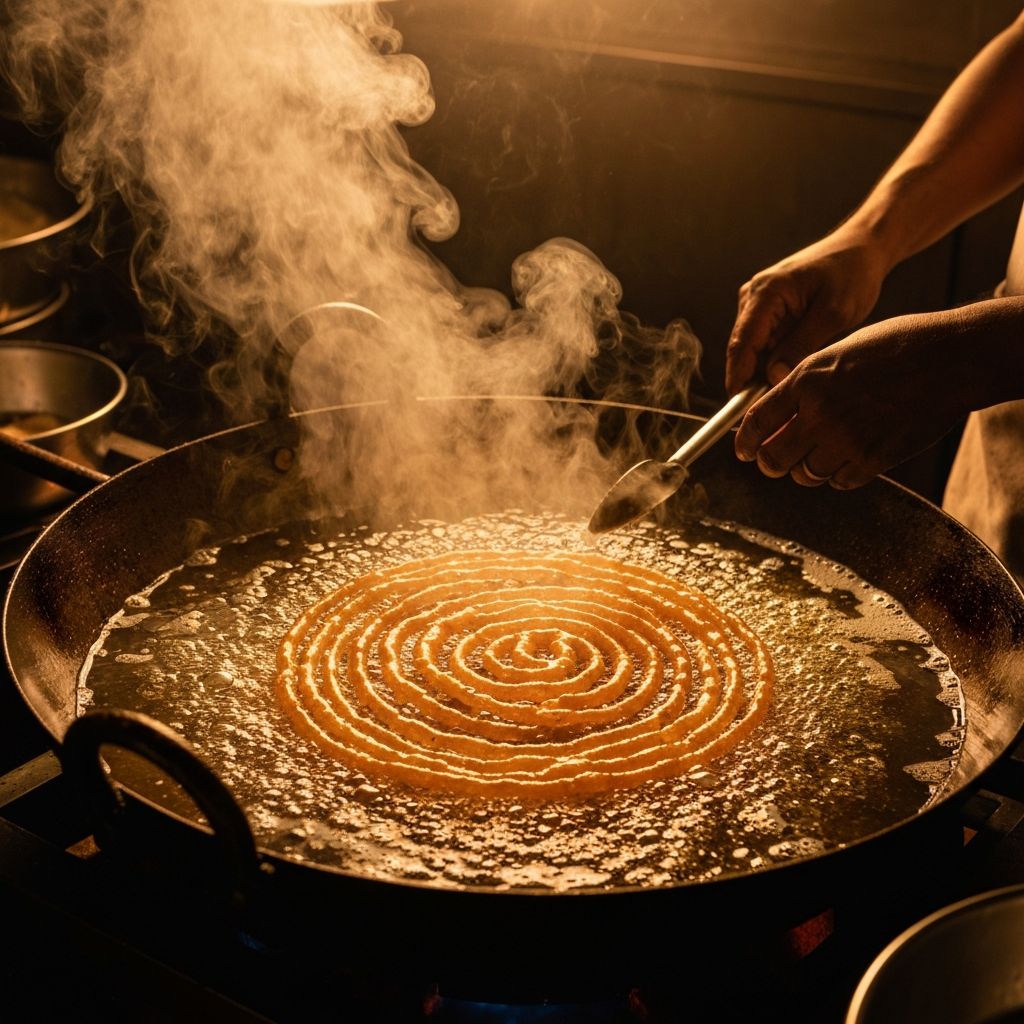 Golden jalebi being fried in ghee
