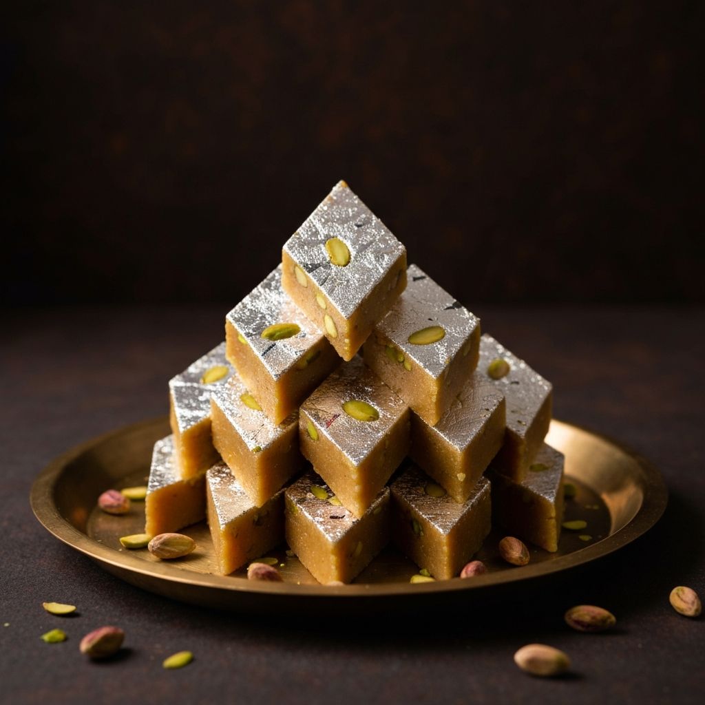 Silver-leaf topped Kaju Katli on brass plate